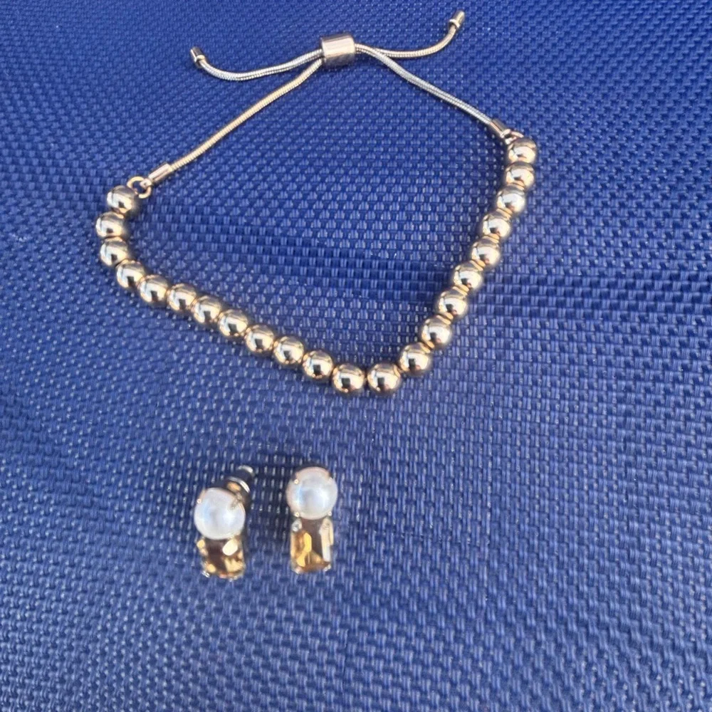 J. Crew Gold Beaded Bracelet & Pearl Crystal Drop Earring Set
